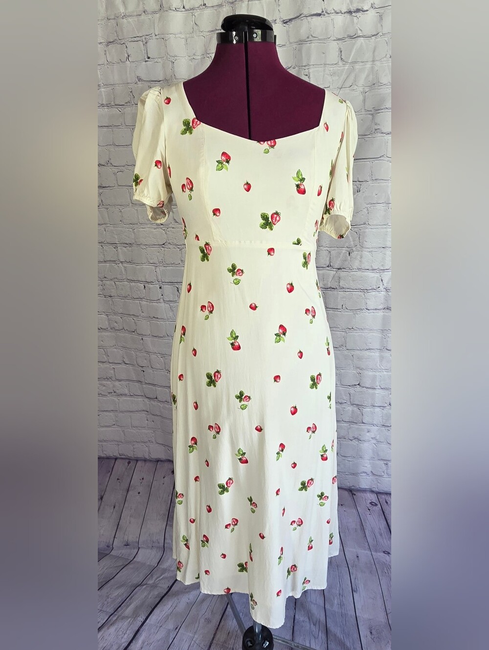 Cream Strawberry-Print Midi Dress with Square Neck